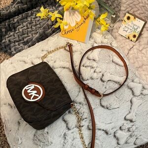 Mini MK Fulton Classic Brown Canvas Crossbody w adj leather & Chain Strap NWOT